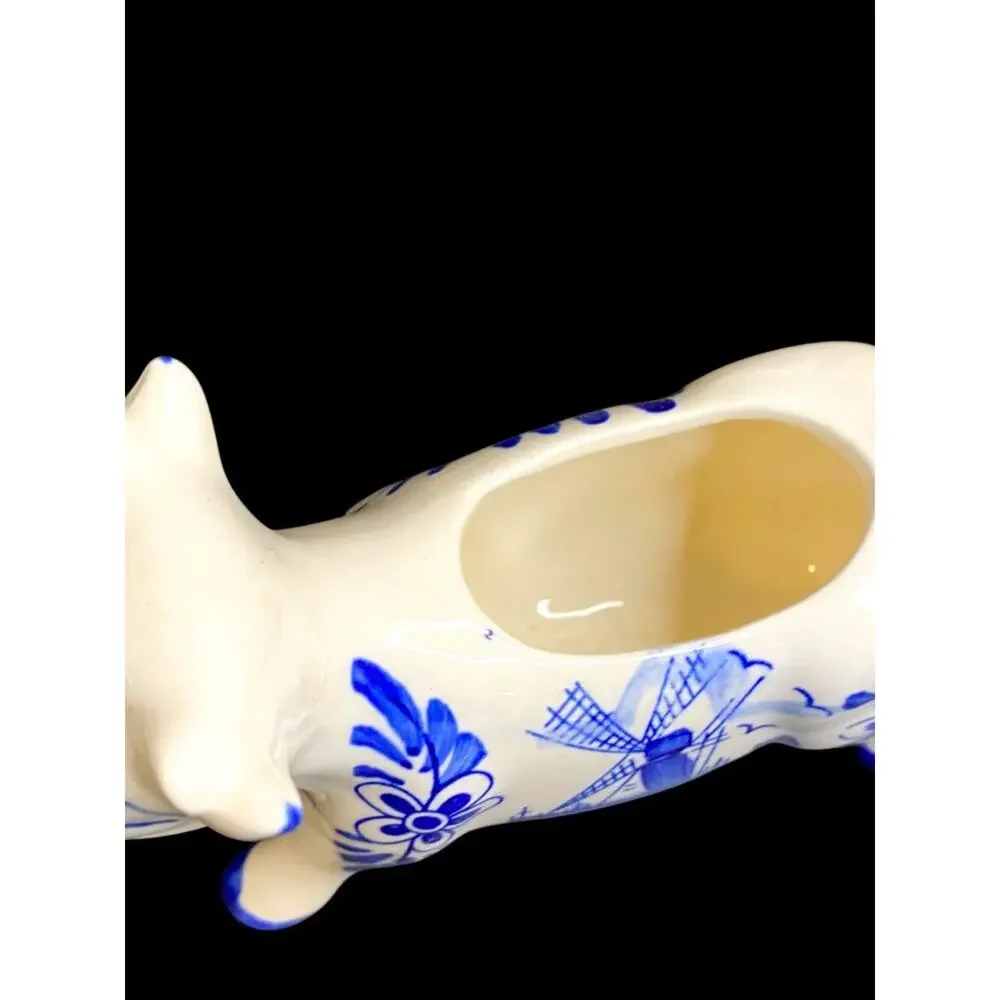 Vintage Delft Style Figural Cow Creamer and Sugar Set Windmill Design